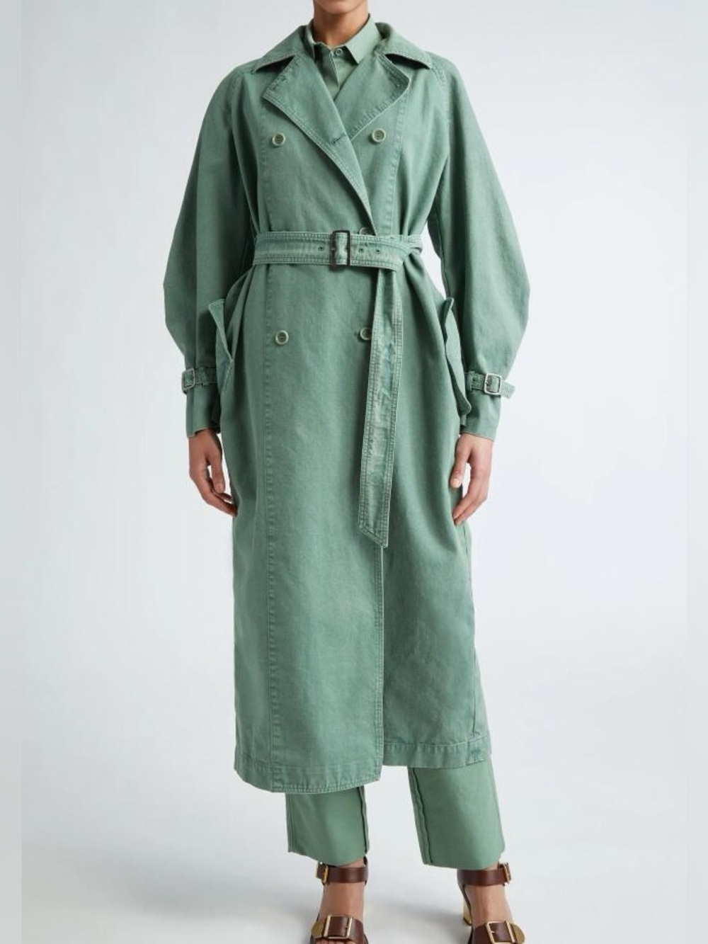 MaxMara Corfu Sage Green Double-Breasted Trench Coat with Belt